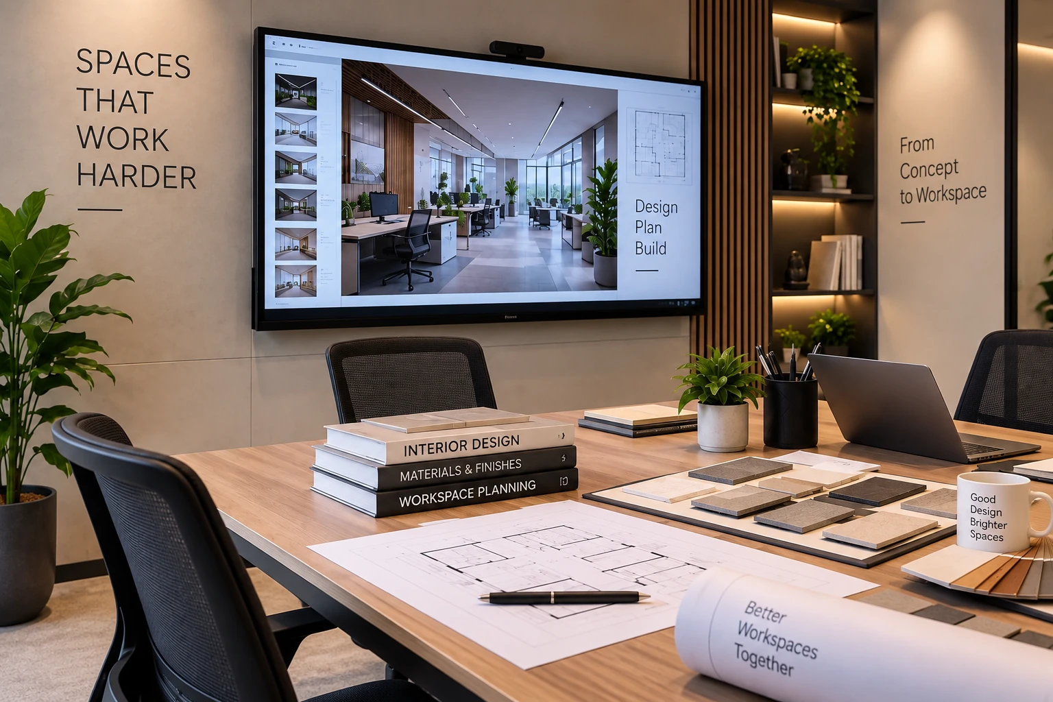 Office interior planning meeting with design presentation and material samples